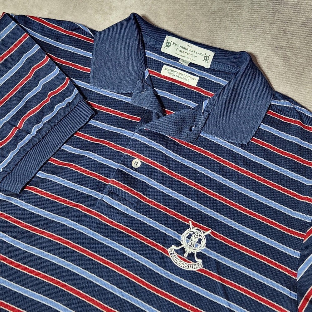 St Andrews Links Collection Mens Navy Striped Mercerized Cotton Golf Polo Size M
